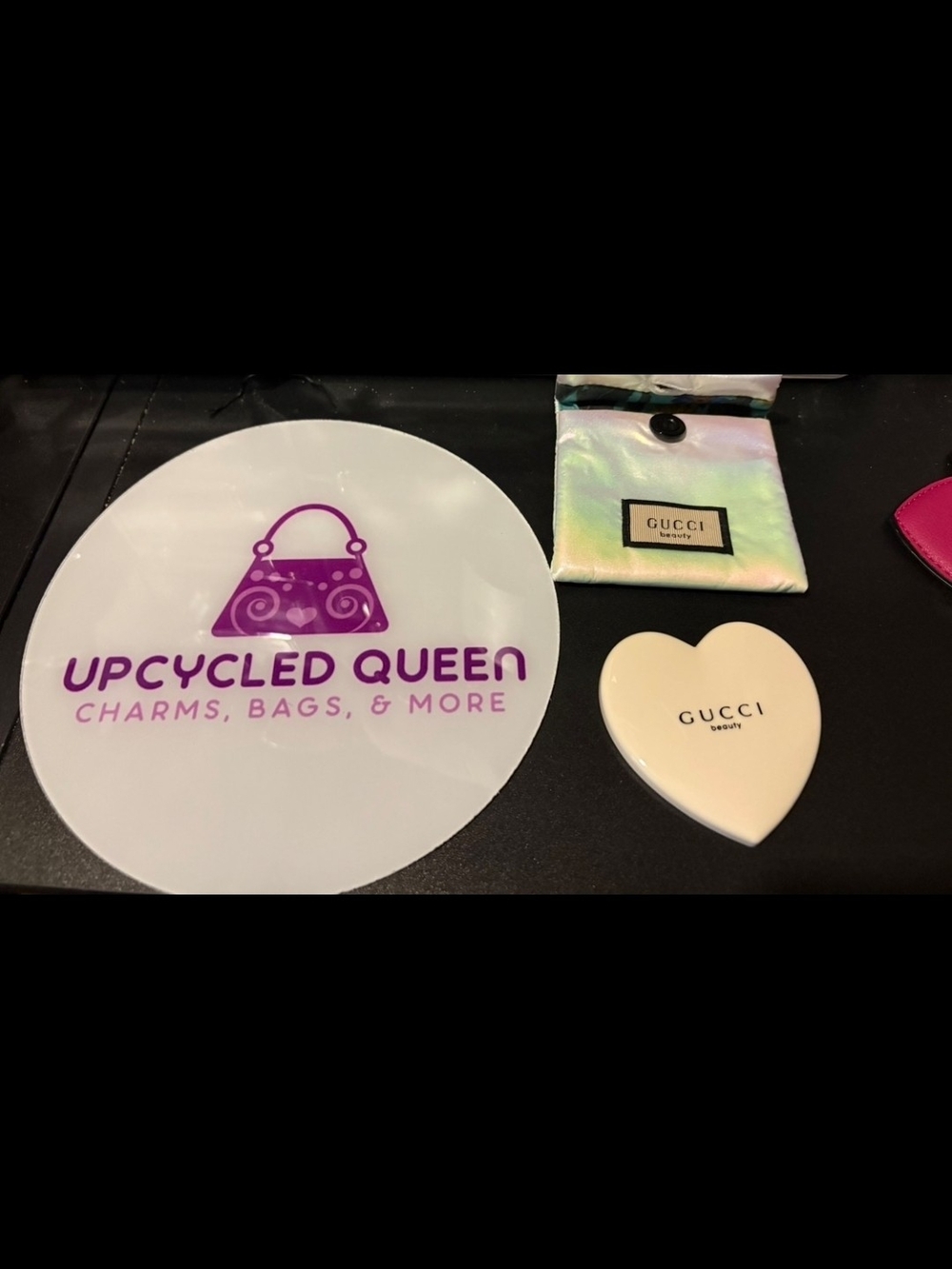 Gucci Cream Heart Compact Mirror with Holographic Pouch